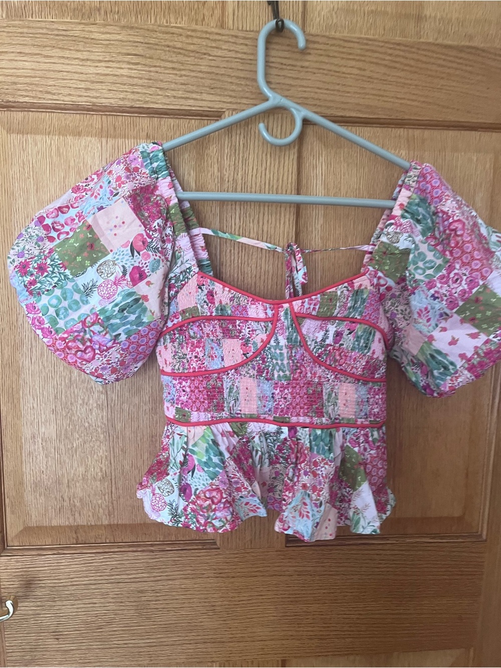 Strut & bolt cotton Pink Floral Patchwork Puff-Sleeve Peplum Top